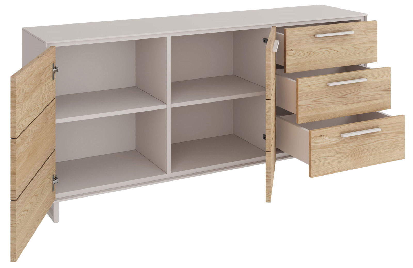 Sideboard mit zwei offenen Türen und drei geöffneten Schubladen, aus hellem Holz und weißem Material, seitliche Perspektive
