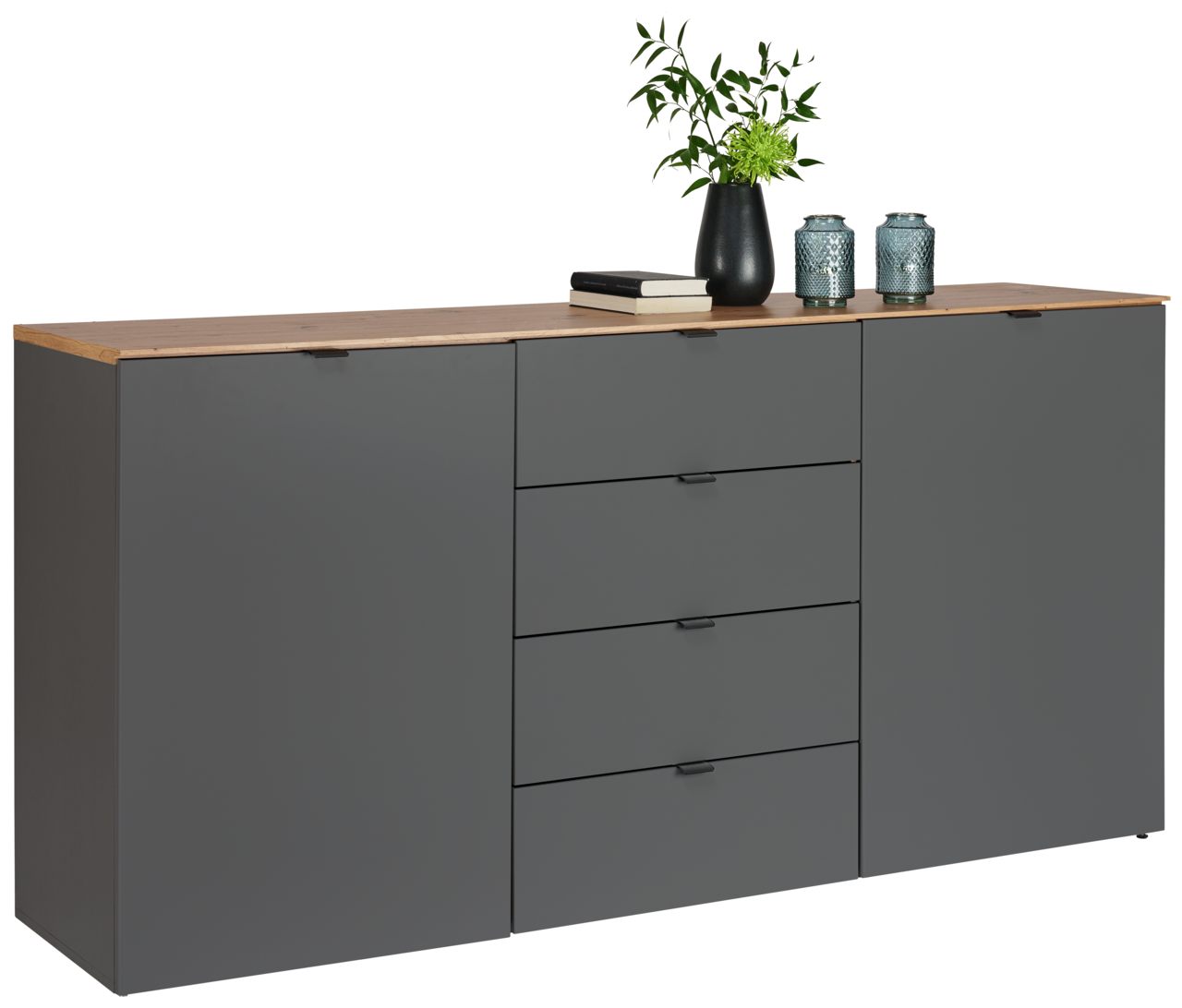 Hom´in Dressoir DIANA Graues Sideboard mit Holzplatte, vier Schubladen und zwei Türen, dekoriert mit Pflanzen und Kerzen, seitliche Perspektive