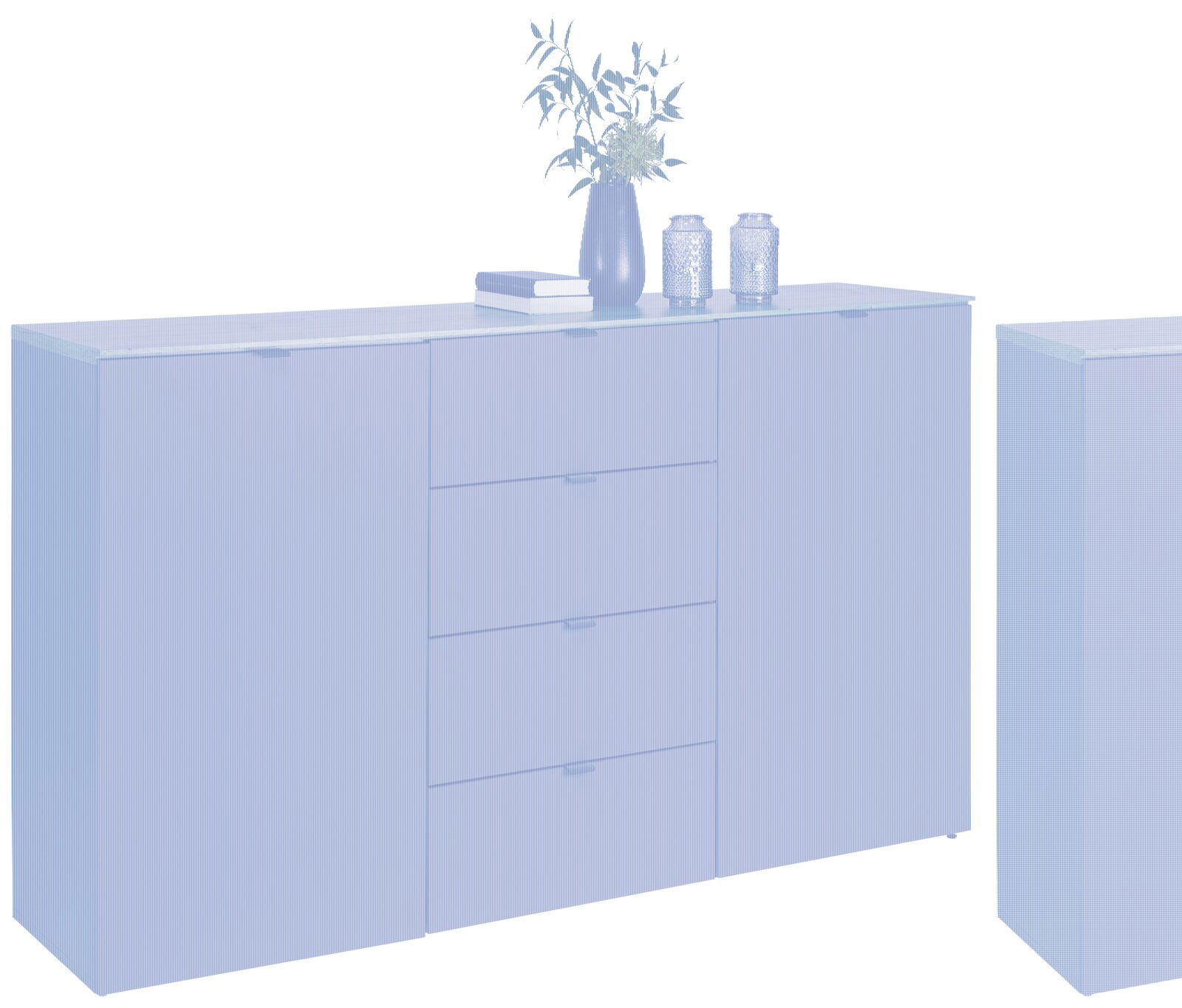 Hom´in Sideboard DIANA Graues Sideboard mit Holzplatte, vier Schubladen und zwei Türen, dekoriert mit Pflanzen und Kerzen, seitliche Perspektive