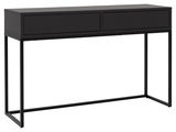 Schwarze Konsole mit zwei Schubladen, seitliche Perspektive