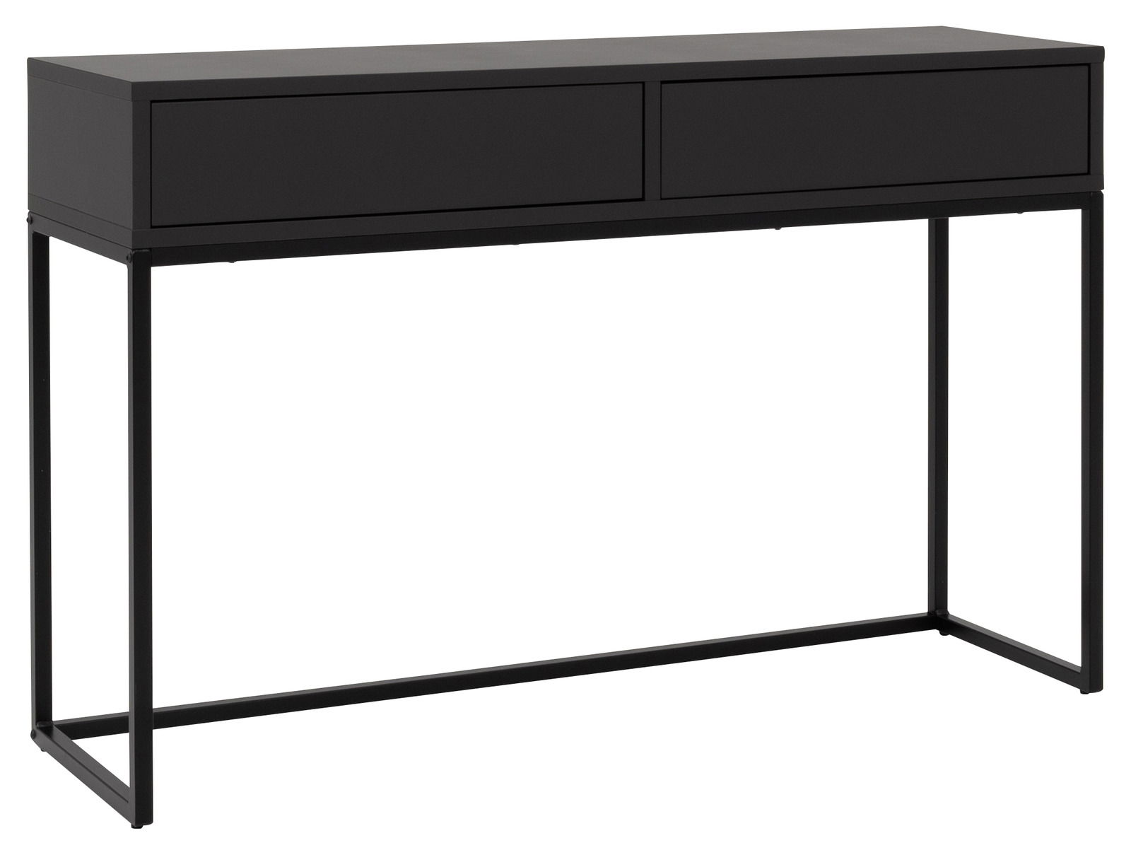 Schwarze Konsole mit zwei Schubladen, seitliche Perspektive