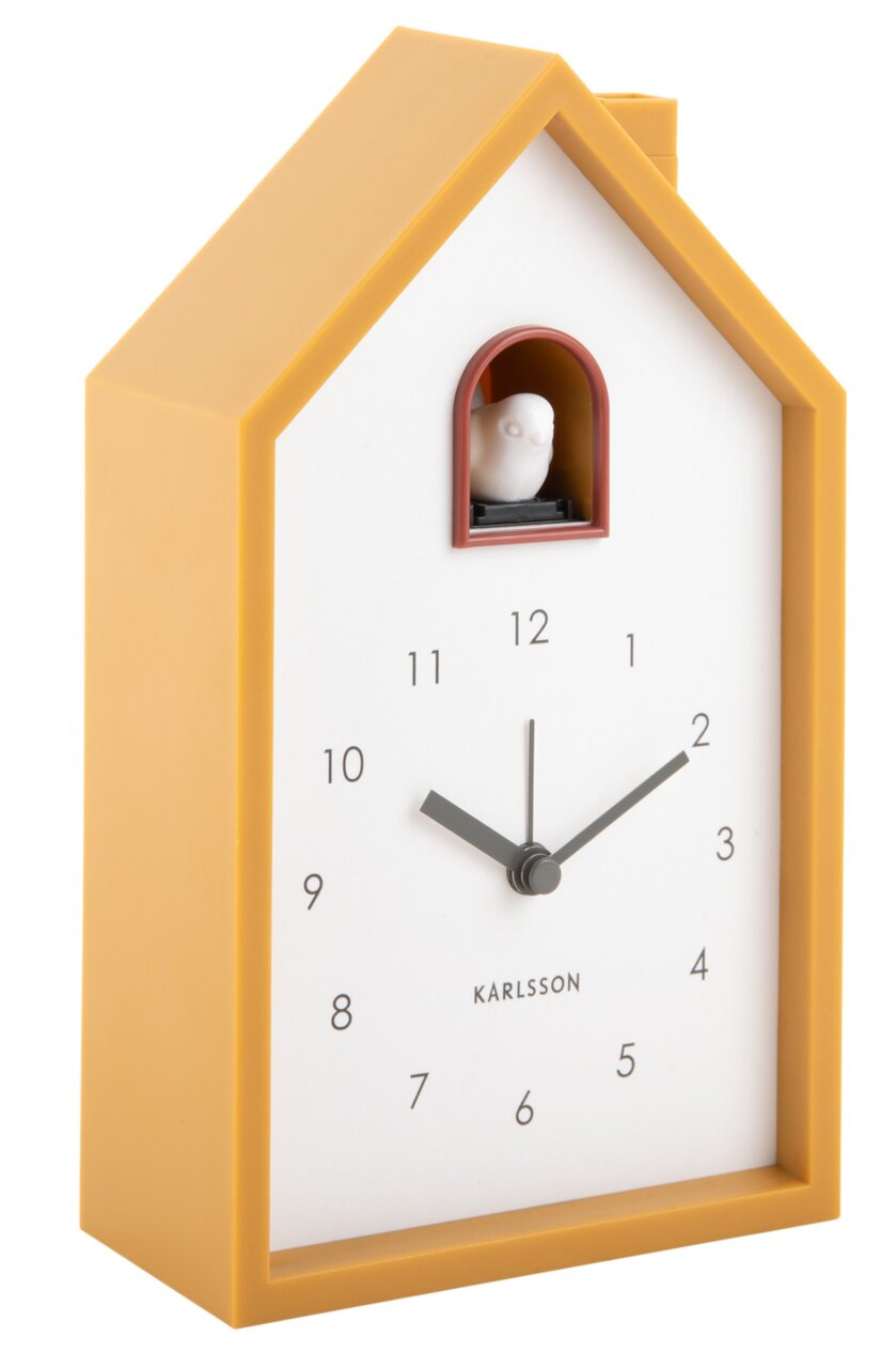 Moderner Wecker in Form eines gelben Hauses mit Kuckucksvogel, seitliche Perspektive