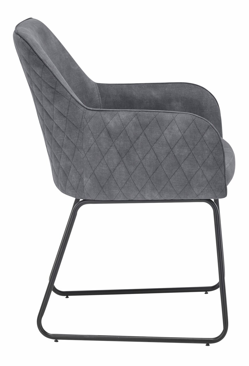 Seitenansicht eines grauen Kufenstuhls mit gestepptem Muster und Metallgestell.