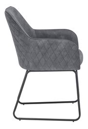 Seitenansicht eines grauen Kufenstuhls mit gestepptem Muster und Metallgestell.