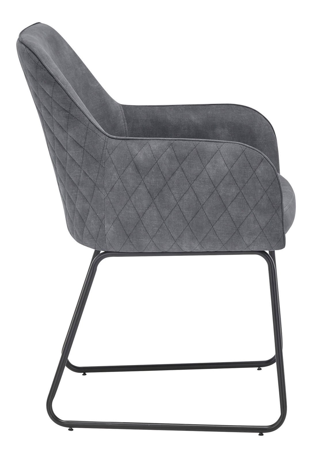 Seitenansicht eines grauen Kufenstuhls mit gestepptem Muster und Metallgestell.