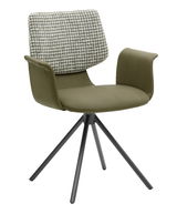 Moderner Sessel mit olivgrünem Sitz und Armlehnen, gemustertem Rückenpolster und schwarzem Metallgestell, seitliche Perspektive.
