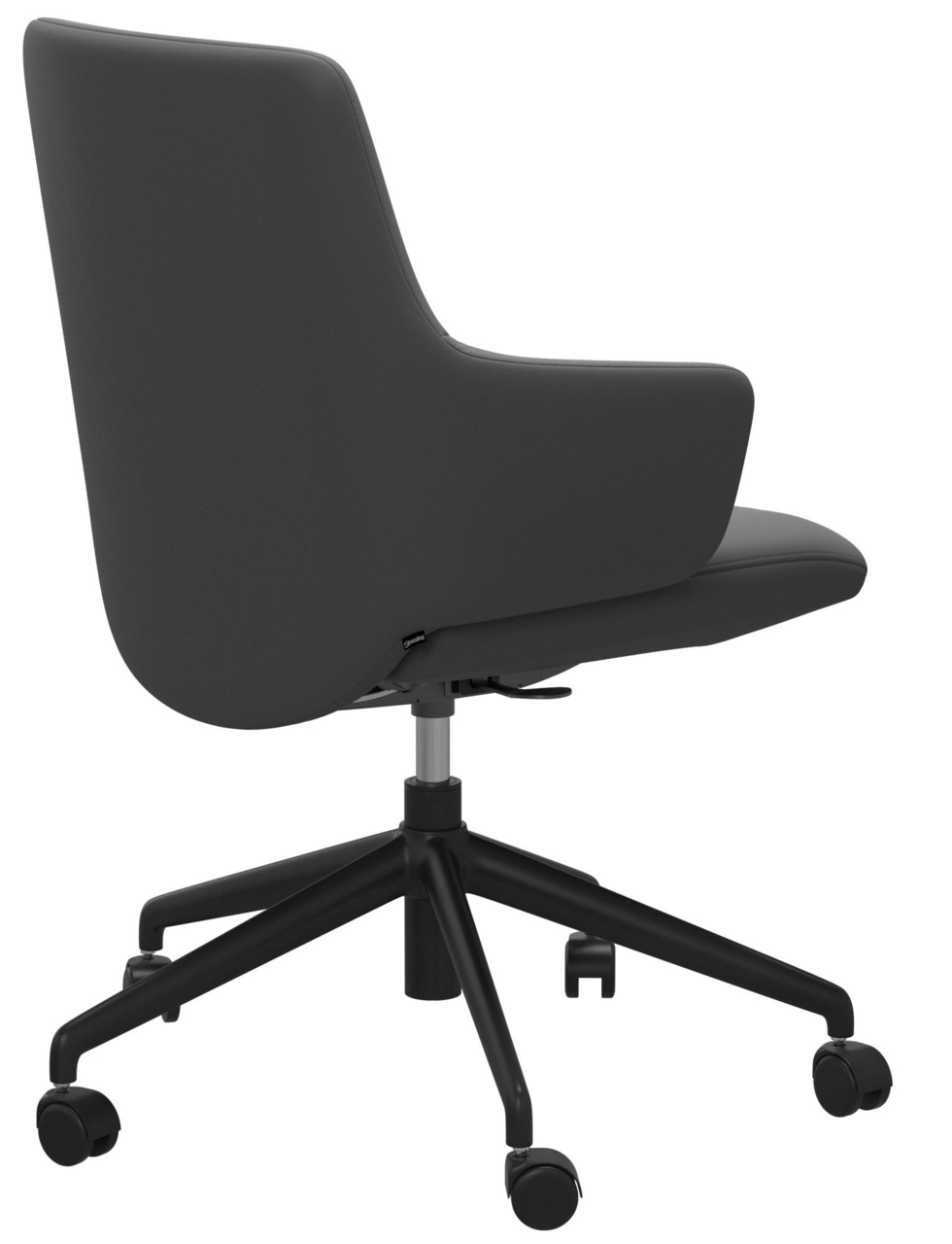 Schwarzer Home Office Sessel mit Rollen, seitliche Perspektive