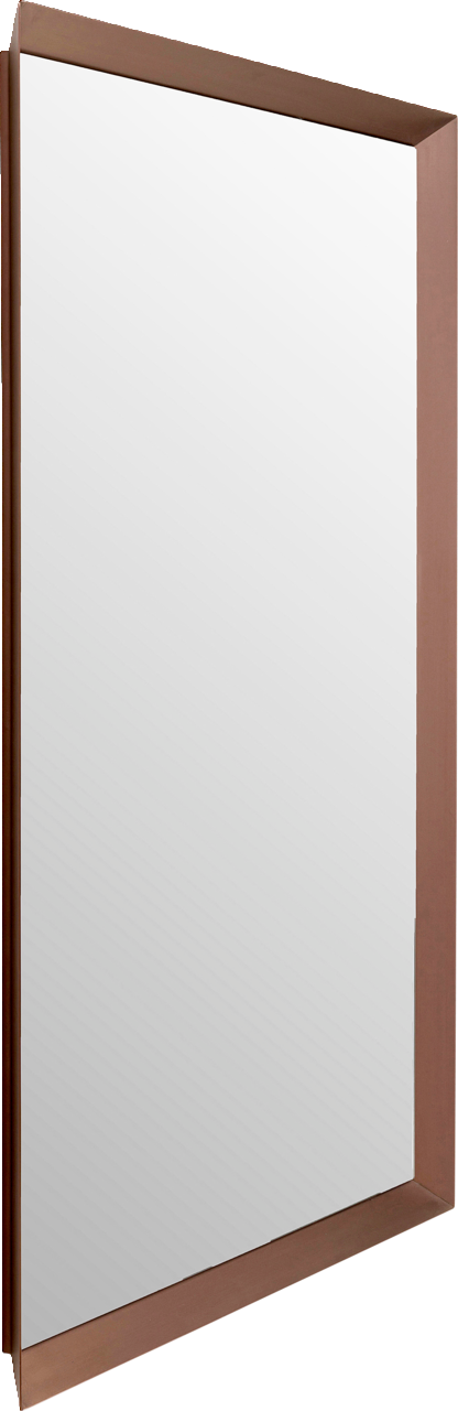 Rechteckiger Wandspiegel mit einem schmalen, bronzefarbenen Rahmen, aus seitlicher Perspektive fotografiert.