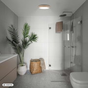 Moderne badkamer met ronde plafondlamp en glazen inloopdouche, gezien vanuit een frontale hoek met lichte bovenaanzichtperspectief; witte wandtegels, grijze vloer, groene kamerplant in pot en rieten wasmand.