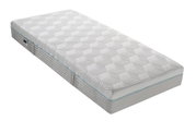 Zijaanzicht van een wit gel-pocketveringmatras met een geometrisch patroon.