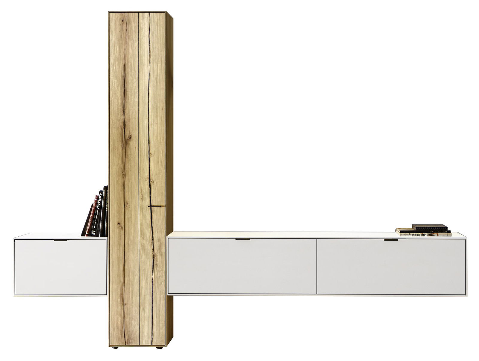 Frontale Ansicht der Dieter Knoll Wandkombination ISEO mit einem hohen Holzschrank und weißen Schubladen, dekoriert mit Büchern.