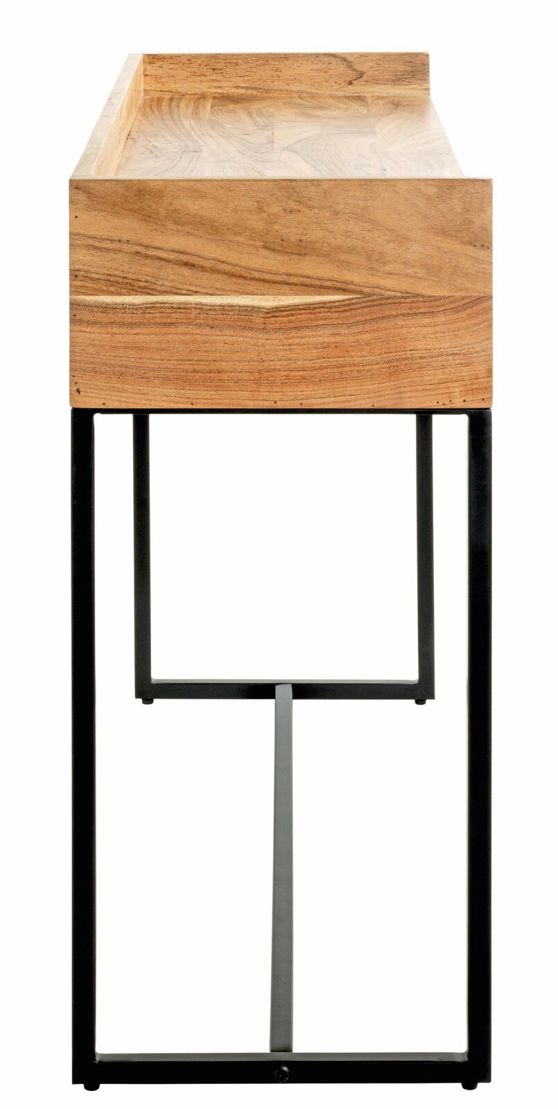 Holzkonsole mit schwarzem Metallgestell, seitliche Perspektive