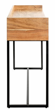 Holzkonsole mit schwarzem Metallgestell, seitliche Perspektive