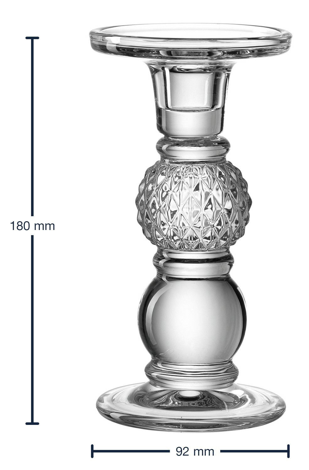 Glasleuchter mit elegantem, facettiertem Design, seitliche Ansicht, Höhe 180 mm, Durchmesser 92 mm.
