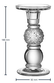 Glasleuchter mit elegantem, facettiertem Design, seitliche Ansicht, Höhe 180 mm, Durchmesser 92 mm.