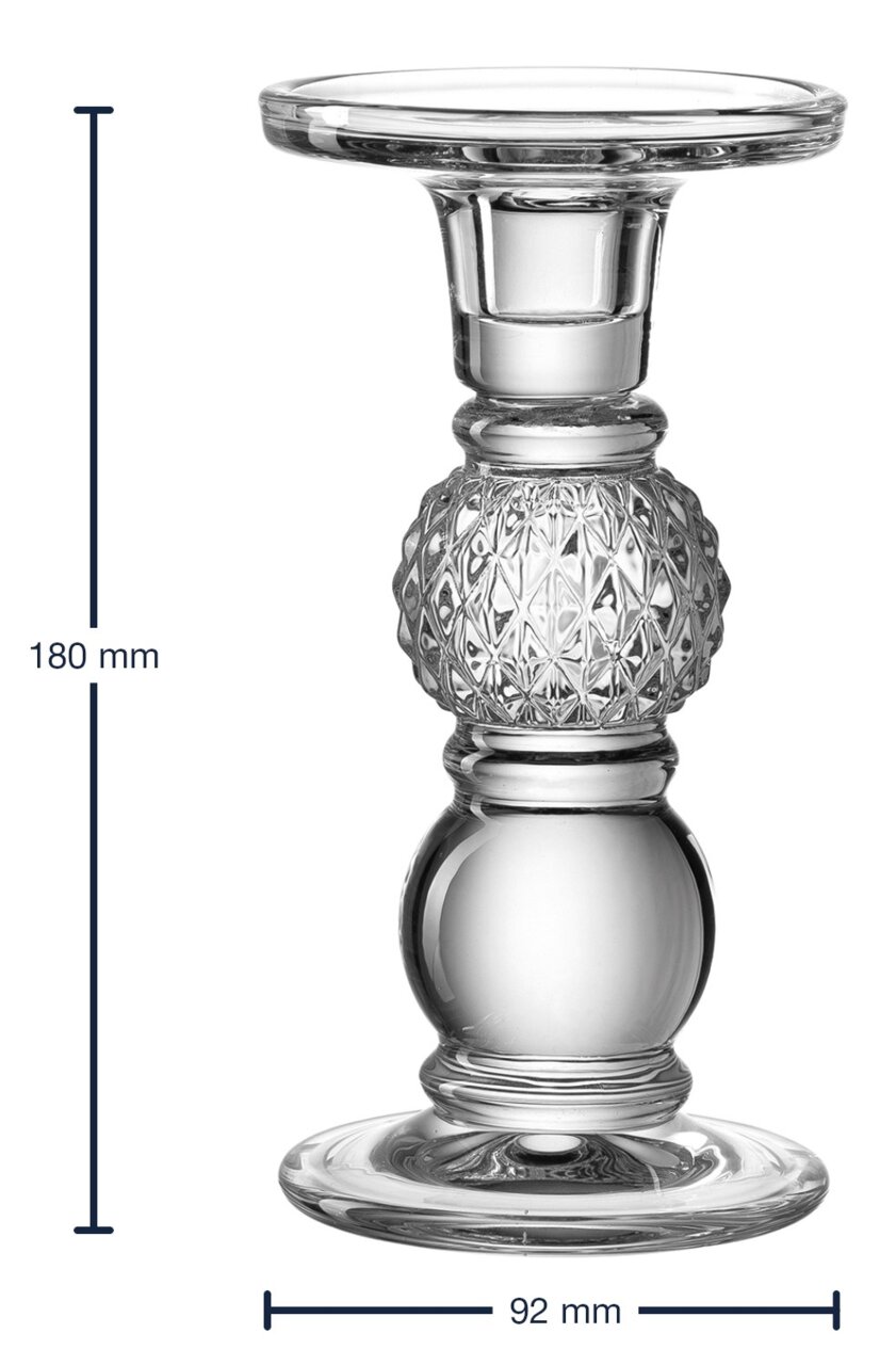 Glasleuchter mit elegantem, facettiertem Design, seitliche Ansicht, Höhe 180 mm, Durchmesser 92 mm.