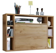 Holz-Organizer-Regal mit Schiebetür und offenen Fächern, dekoriert mit Büchern, Kamera, Stiftebecher und kleiner Uhr, Frontansicht leicht von oben