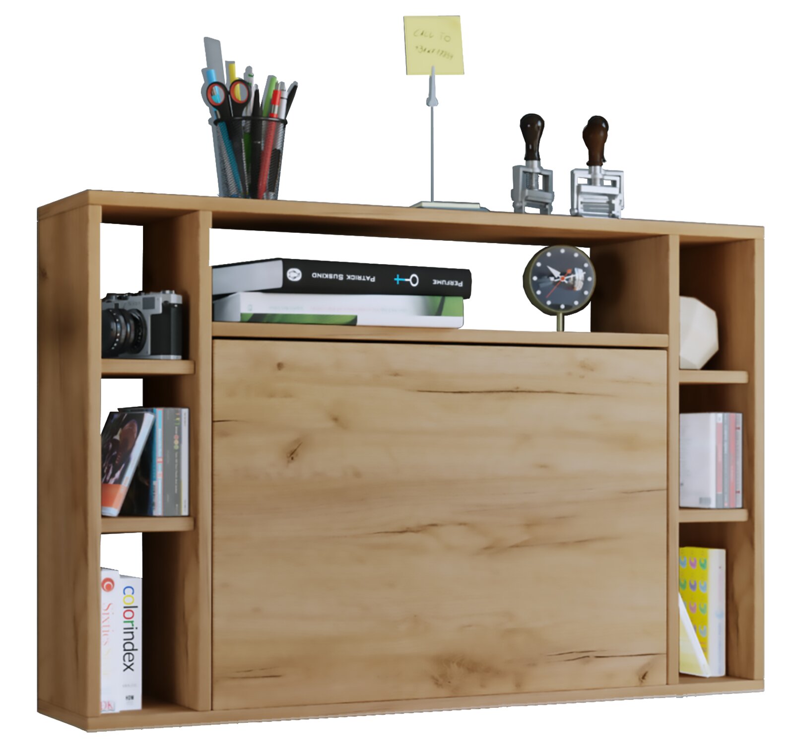 Holz-Organizer-Regal mit Schiebetür und offenen Fächern, dekoriert mit Büchern, Kamera, Stiftebecher und kleiner Uhr, Frontansicht leicht von oben