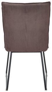 Rückansicht eines Stuhls mit geripptem Stoffbezug und schwarzen Metallbeinen