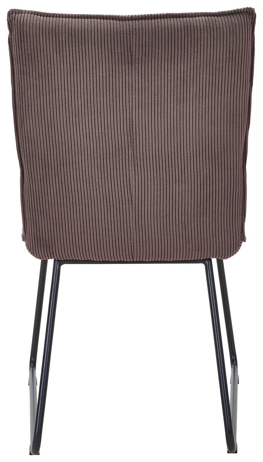 Johann Jakob Stuhl CALAS Rückansicht eines Stuhls mit geripptem Stoffbezug und schwarzen Metallbeinen
