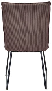 Rückansicht eines Stuhls mit geripptem Stoffbezug und schwarzen Metallbeinen