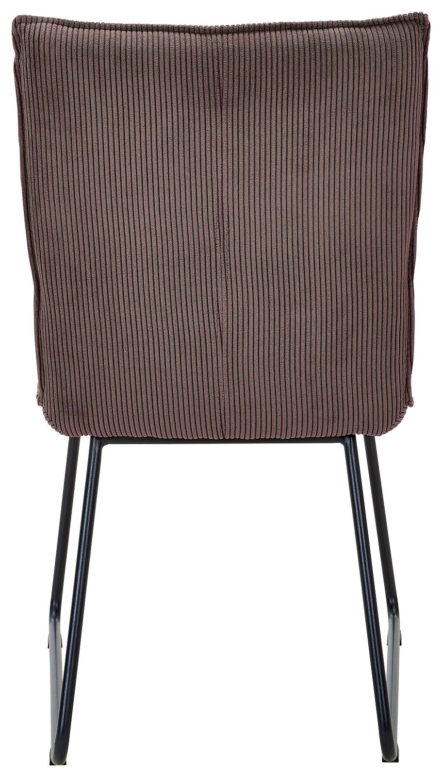 Rückansicht eines Stuhls mit geripptem Stoffbezug und schwarzen Metallbeinen
