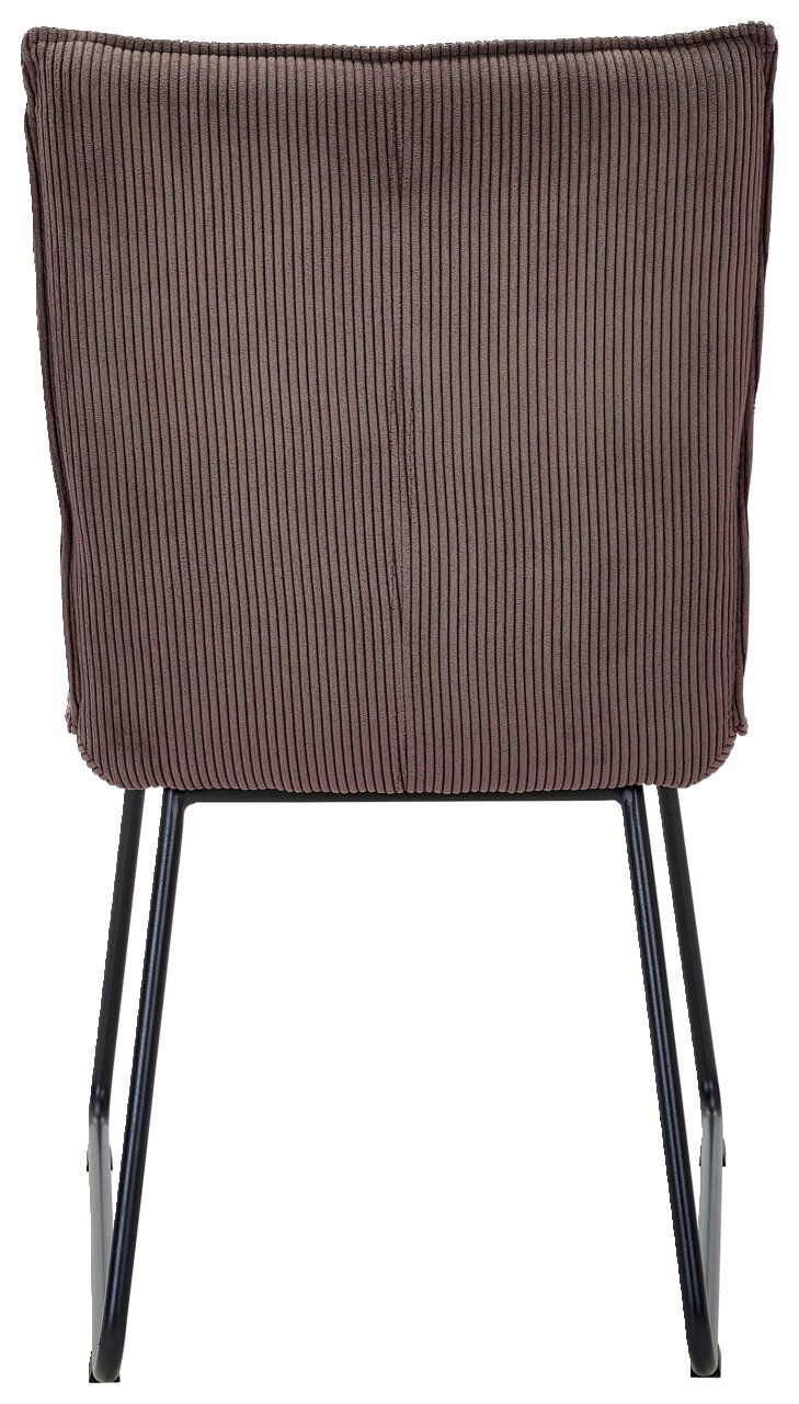 Johann Jakob Stuhl CALAS Rückansicht eines Stuhls mit geripptem Stoffbezug und schwarzen Metallbeinen