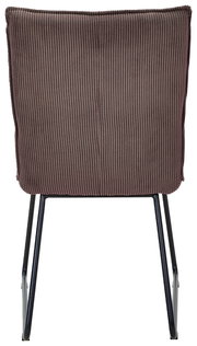 Rückansicht eines Stuhls mit geripptem Stoffbezug und schwarzen Metallbeinen