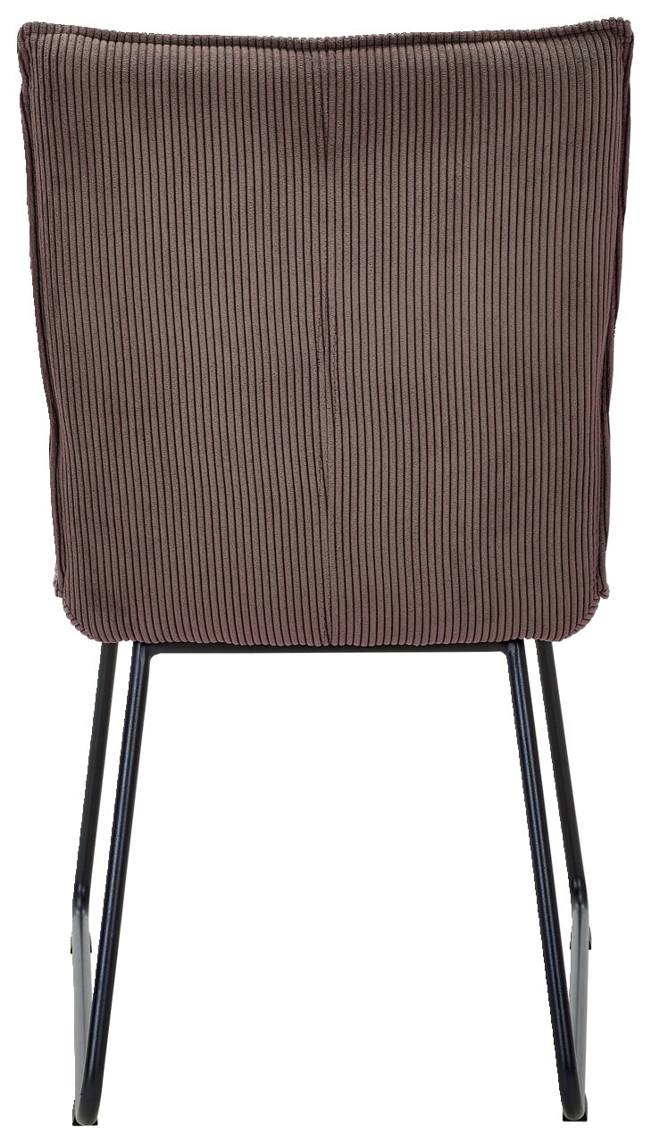 Rückansicht eines Stuhls mit geripptem Stoffbezug und schwarzen Metallbeinen
