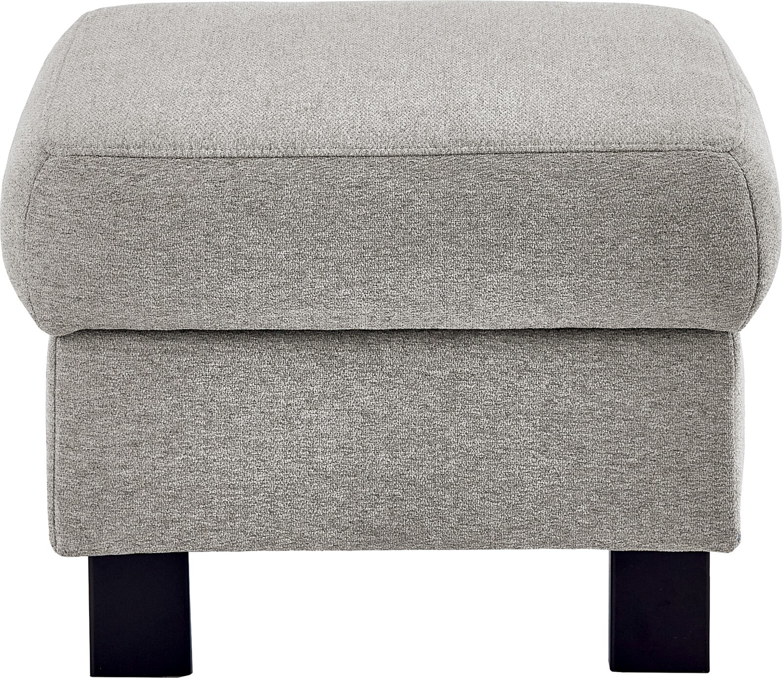 Gepolsterter Hocker/Fußhocker mit grauem Stoffbezug und schwarzen Beinen, frontal von vorne fotografiert.