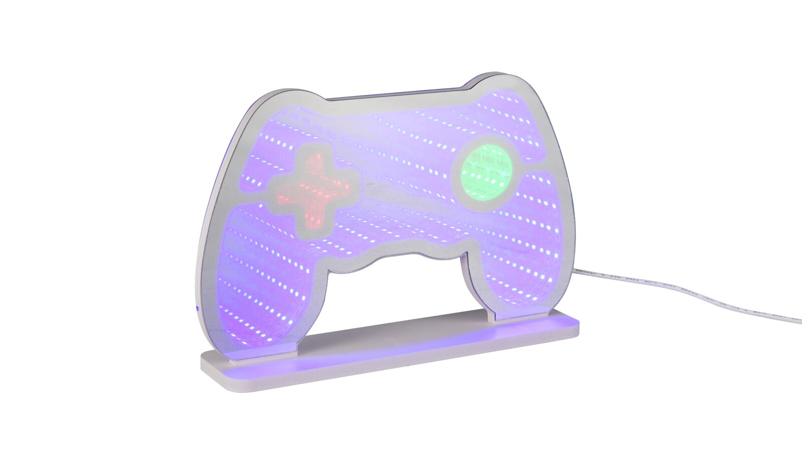 Novel LED-Dekoleuchte GAMER LED-Dekoleuchte in Gamepad-Form mit 3D-Infinity-Spiegel-Effekt, weißem Rahmen und farbig leuchtenden Tasten (rot/grün), auf Standfuß mit Kabel, schräg von vorne rechts fotografiert