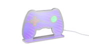 LED-Dekoleuchte in Gamepad-Form mit 3D-Infinity-Spiegel-Effekt, weißem Rahmen und farbig leuchtenden Tasten (rot/grün), auf Standfuß mit Kabel, schräg von vorne rechts fotografiert