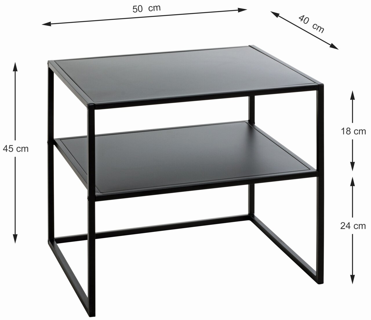 Moderner schwarzer Beistelltisch mit zwei Ebenen, rechteckig, aus Metall, seitliche Perspektive.
