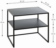 Moderner schwarzer Beistelltisch mit zwei Ebenen, rechteckig, aus Metall, seitliche Perspektive.