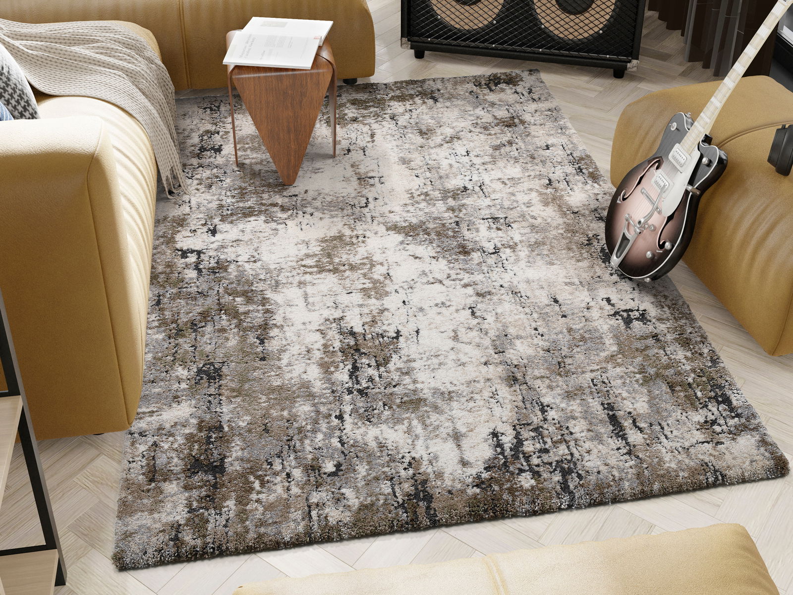 Designer Teppich in einem modernen Wohnzimmer, umgeben von einem Sofa, einem Tisch und einer Gitarre, aus der Vogelperspektive betrachtet.