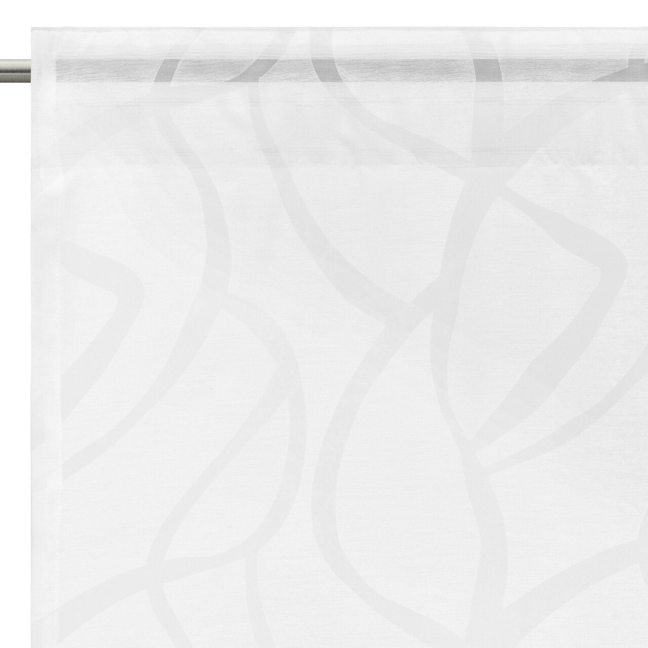 Weißer Fertigvorhang mit dezentem Muster, Nahaufnahme von oben links