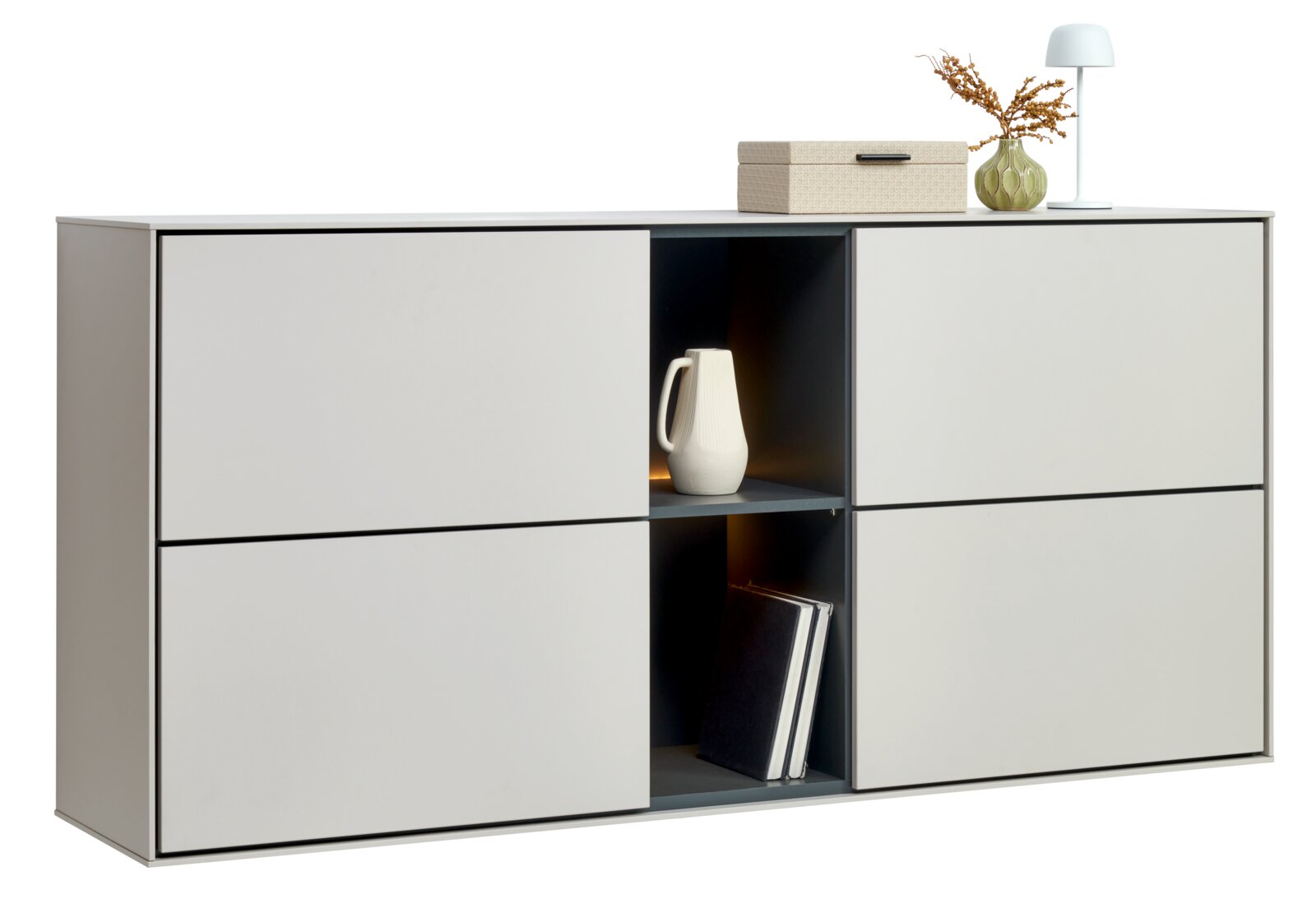 Voleo XL-hangende schoenenkast RENO Modern dressoir in wit met vier greeploze fronten en een open plank in het midden in donkergrijs, tegen een witte achtergrond, van voren lichtjes van links gefotografeerd