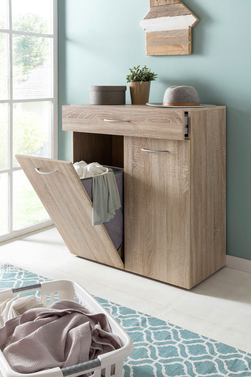 Wäschekommode aus Holz mit Schublade und Kippfach, seitliche Perspektive
