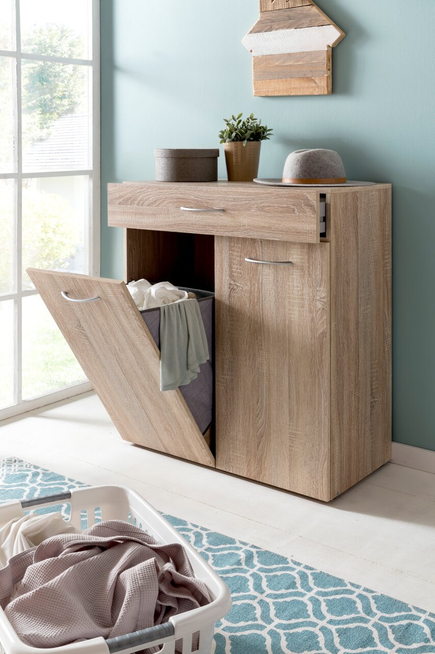 Wäschekommode aus Holz mit Schublade und Kippfach, seitliche Perspektive