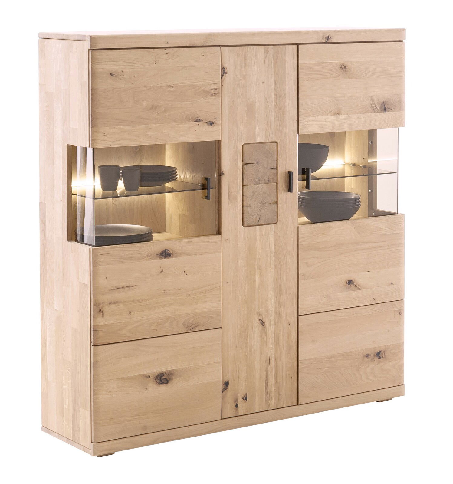 Linea Natura Highboard PHÖNIX Helles Holz-Highboard mit Glaseinsätzen und Beleuchtung, seitliche Perspektive