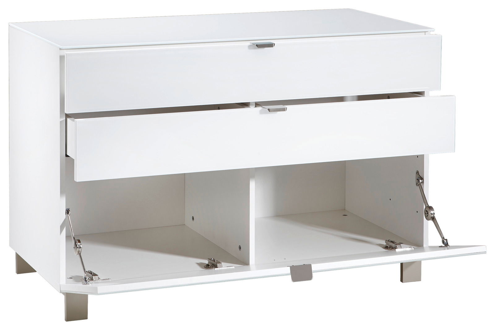 Weißes Sideboard mit zwei Schubladen und einer offenen Klappe, Vorderansicht