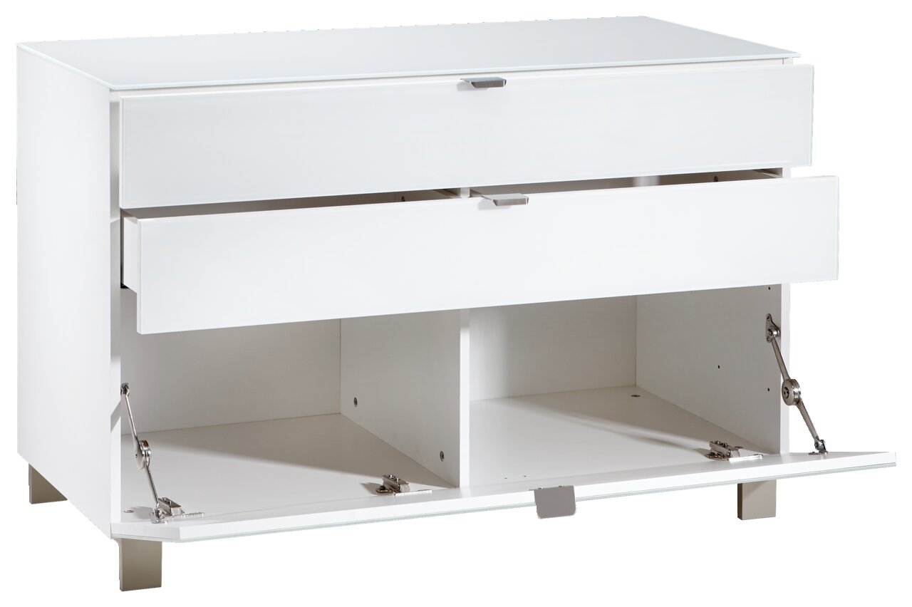 Weißes Sideboard mit zwei Schubladen und einer offenen Klappe, Vorderansicht