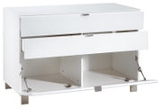 Weißes Sideboard mit zwei Schubladen und einer offenen Klappe, Vorderansicht