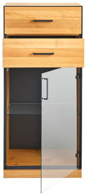 Vitrinenschrank aus Holz mit zwei Schubladen und einer Glastür, frontal betrachtet.