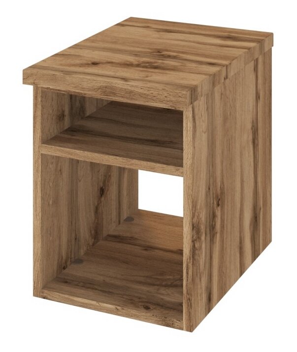 Holz-Unterschrankregal mit zwei offenen Fächern, perspektivisch von vorne rechts gesehen.