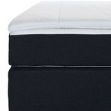 Nahaufnahme eines Boxspringbetts mit dunklem Stoffbezug und weißem Topper, seitliche Perspektive