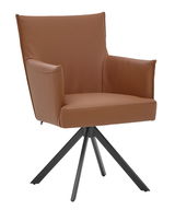 Brauner Armlehnstuhl mit schwarzem Metallgestell, seitliche Perspektive