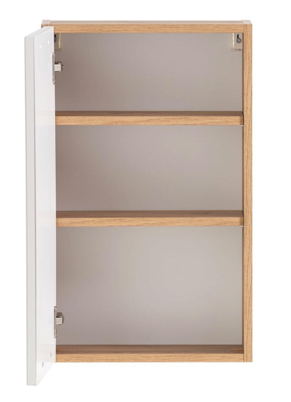 Offener Hängeschrank aus Holz mit zwei Regalböden, Tür links geöffnet, Frontalansicht