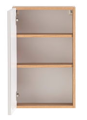 Offener Hängeschrank aus Holz mit zwei Regalböden, Tür links geöffnet, Frontalansicht