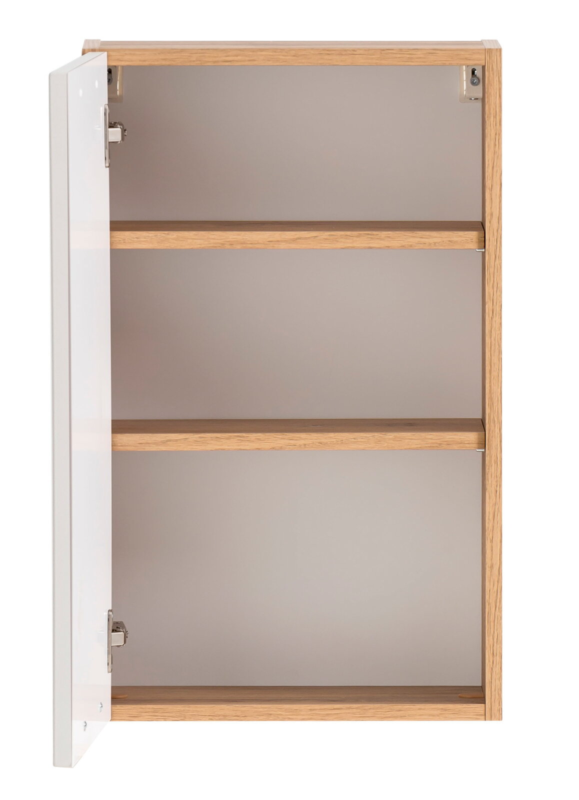 Offener Hängeschrank aus Holz mit zwei Regalböden, Tür links geöffnet, Frontalansicht